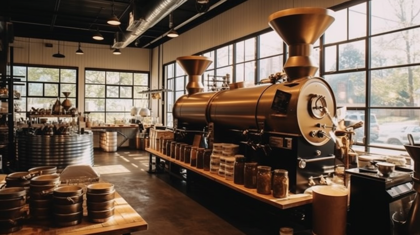 An artisan coffee roaster in a cozy, warmly lit roastery tending to a vintage, handcrafted roasting machine