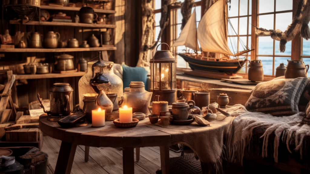 A cozy corner of a pirate ship transformed into a charming coffee nook, featuring a weathered wooden table adorned with coffee essentials and a captain's hat resting beside a steaming cup of freshly brewed coffee.