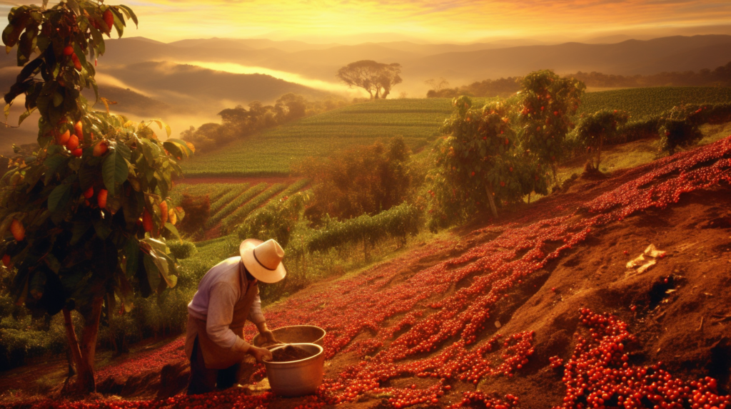 A captivating view of a Brazilian coffee plantation bathed in golden sunlight, with a farmer carefully picking ripe cherries.