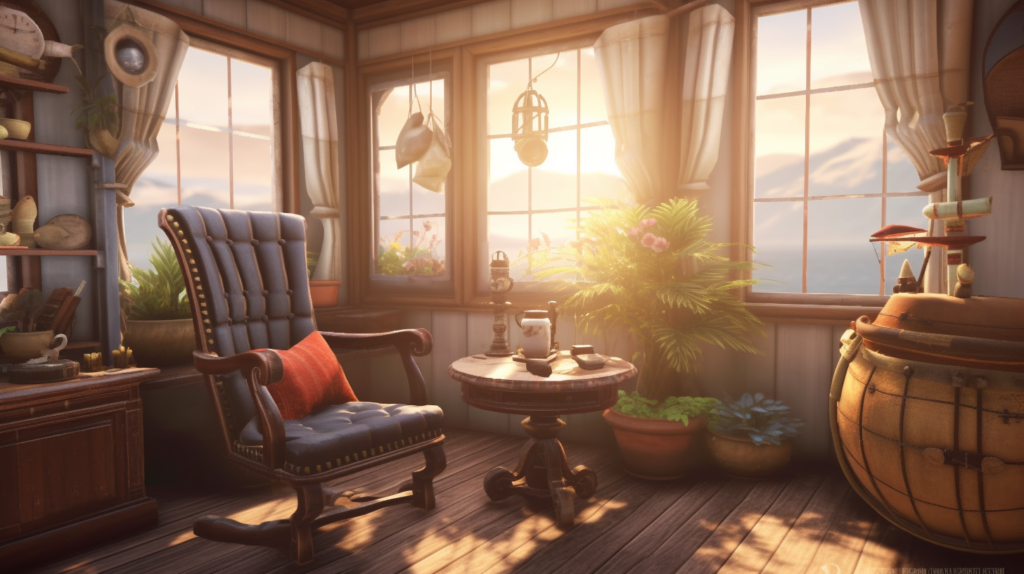 A serene captain's quarters on an old pirate ship, featuring a cozy chair by a window overlooking a peaceful garden, with a beautifully designed coffee setup and a steaming cup of freshly brewed coffee.