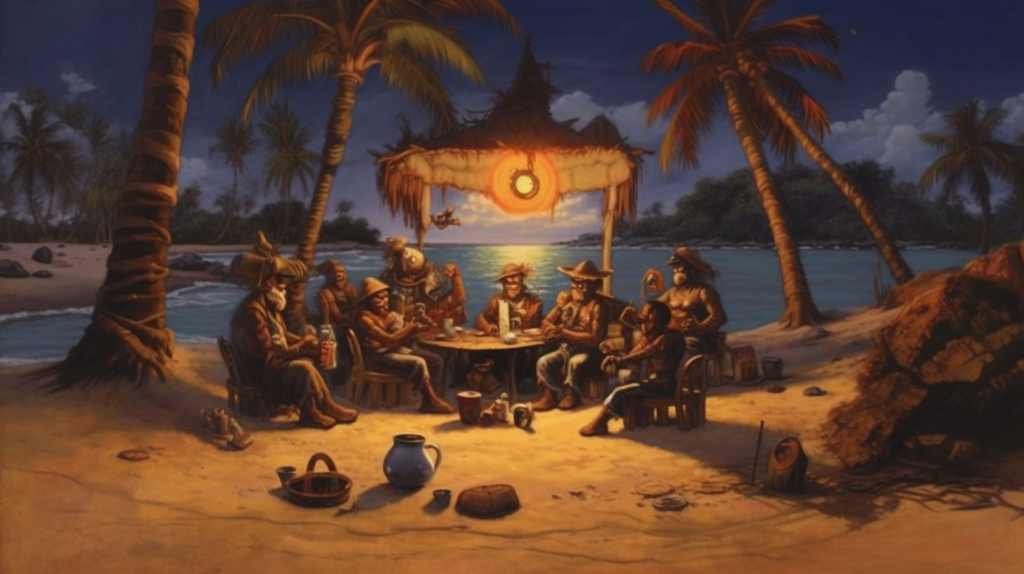 A group of pirate friends gathered on a sandy beach, holding cups of coffee, as the golden sunrise paints the sky in hues of orange and pink.